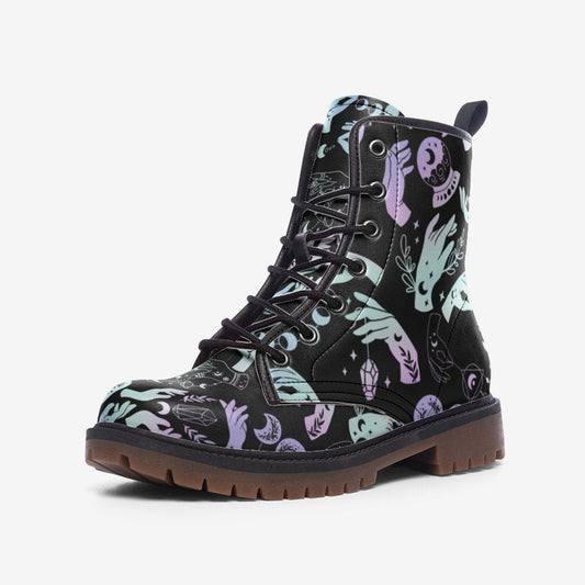 Emerald Blossoms - Pastel Witch Moon Vegan Leather Combat Boots For Hippies