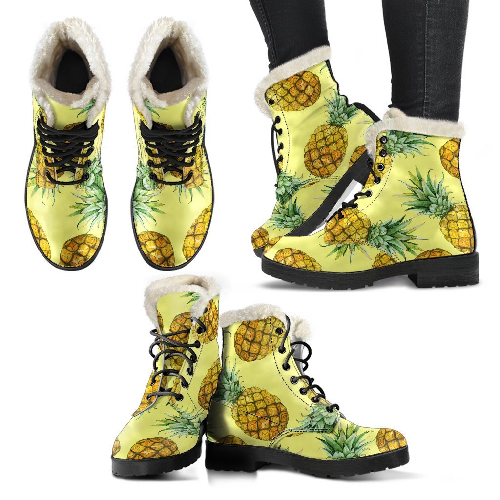 Pineapple Print Faux Fur Leather Boots: A Groovy Addition to Your Hippie Style - 2