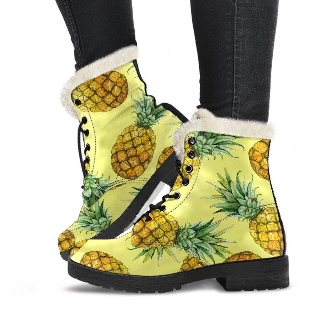 Pineapple Print Faux Fur Leather Boots: A Groovy Addition to Your Hippie Style - 1