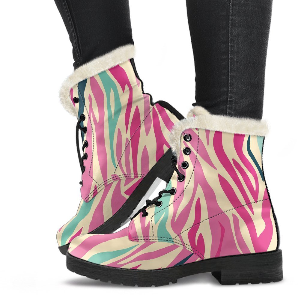 Pastel Zebra Pattern Faux Fur Leather Boots for the Groovy Hippie Soul - 1