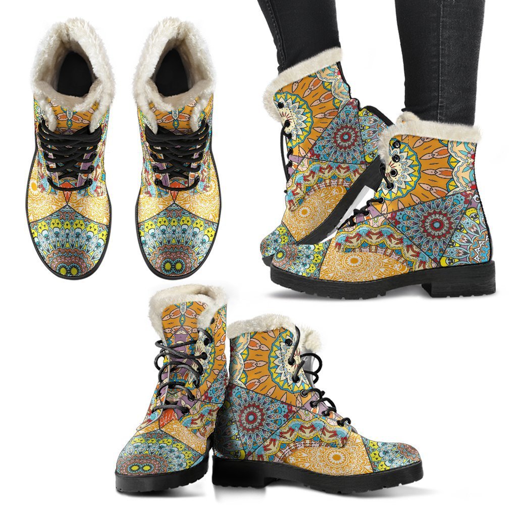 Boho Patchwork Mandala Faux Fur Leather Boots for the Ultimate Hippie Style - 2