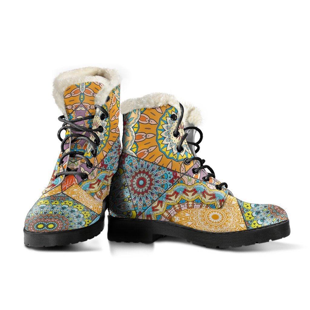 Boho Patchwork Mandala Faux Fur Leather Boots for the Ultimate Hippie Style - 3