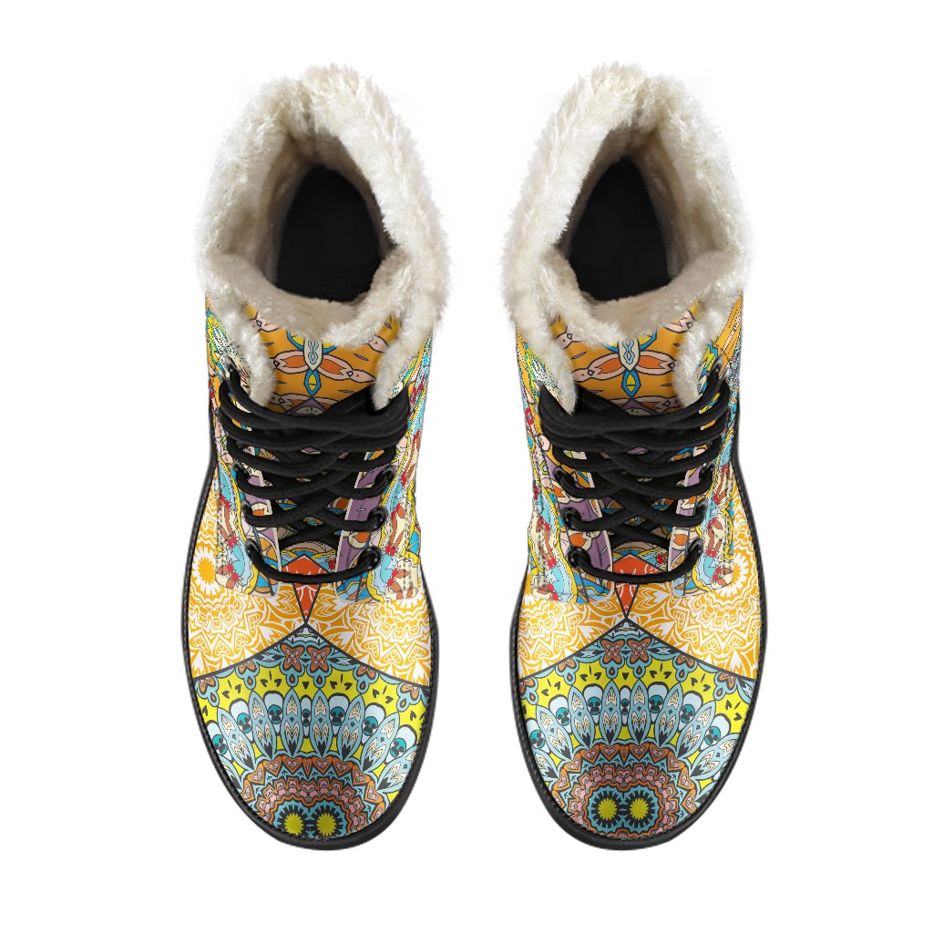 Boho Patchwork Mandala Faux Fur Leather Boots for the Ultimate Hippie Style - 4