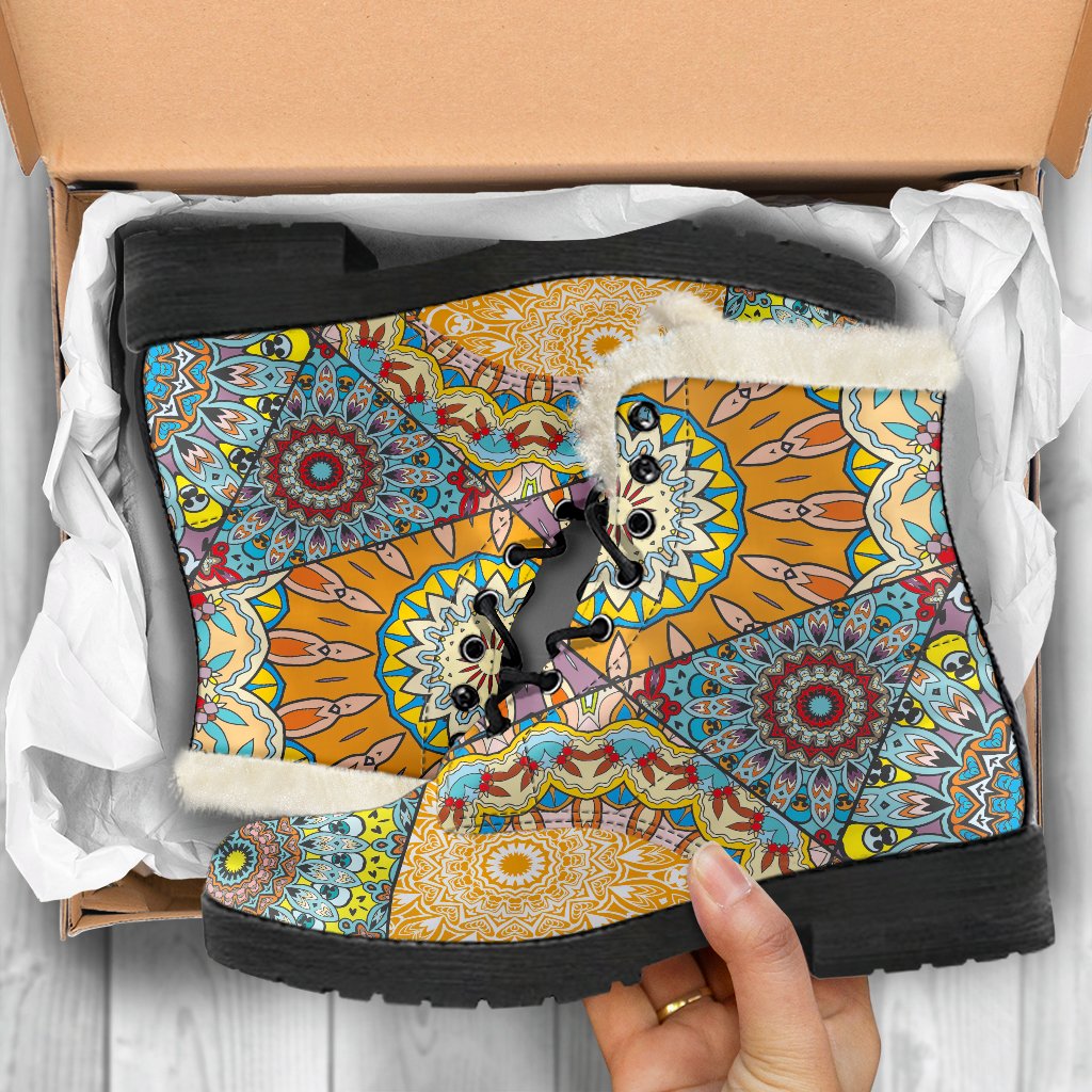 Boho Patchwork Mandala Faux Fur Leather Boots for the Ultimate Hippie Style - 5