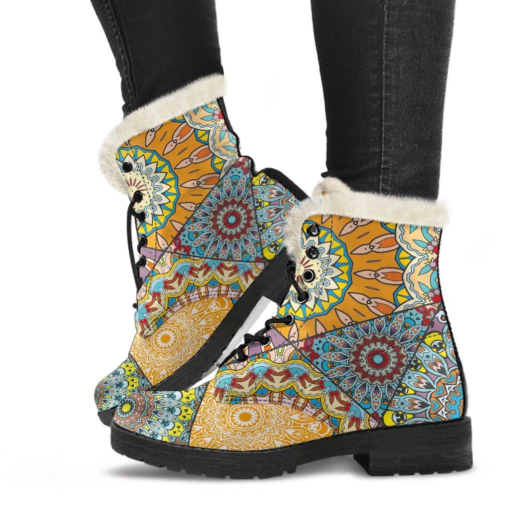 Boho Patchwork Mandala Faux Fur Leather Boots for the Ultimate Hippie Style - 1