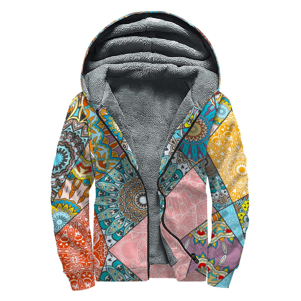 Groovy Patchwork Mandala Sherpa Hoodie for Free-spirited Hippies - 1