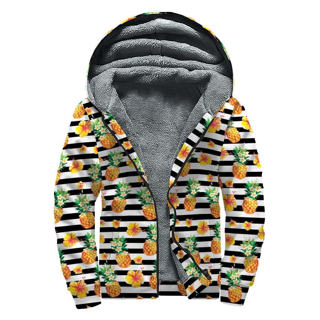 Pineapple and Hibiscus Striped Sherpa Lined Zip Up Hoodie for Groovy Hippies - 1