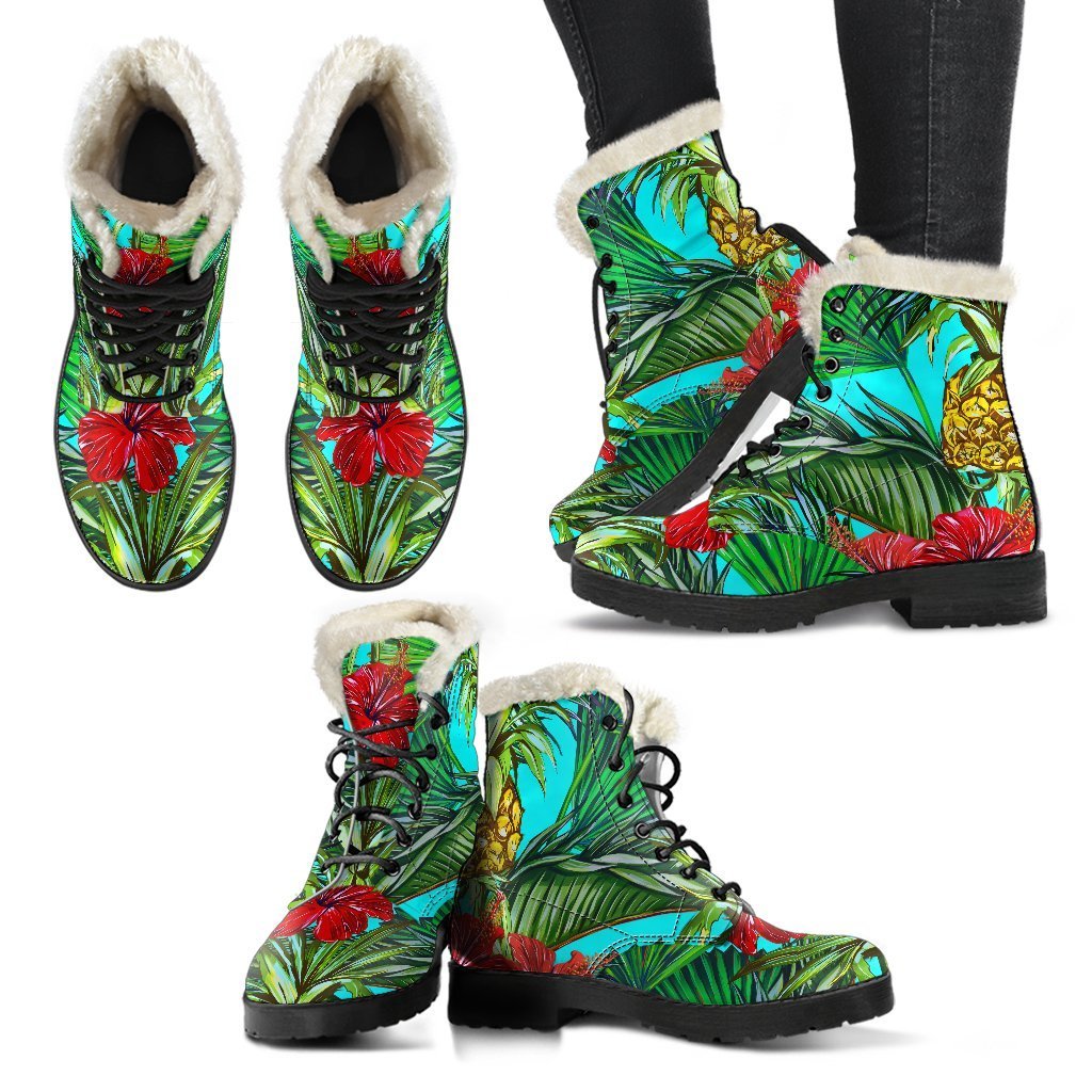 Pineapple Hibiscus Hawaiian Hippie Faux Fur Leather Boots - 2