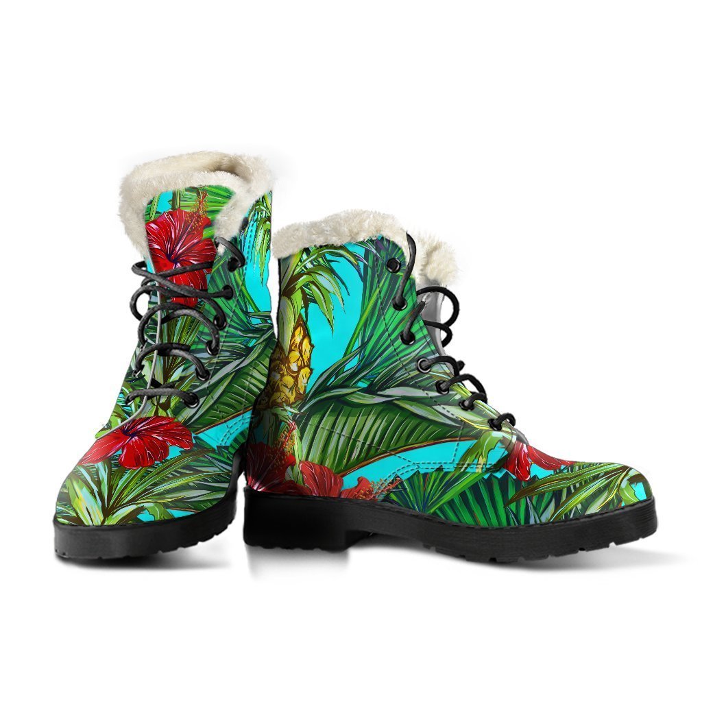 Pineapple Hibiscus Hawaiian Hippie Faux Fur Leather Boots - 3