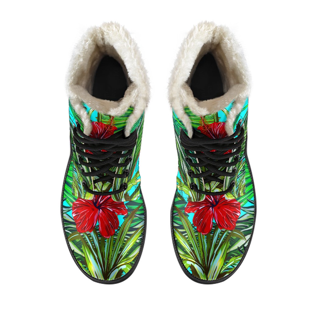 Pineapple Hibiscus Hawaiian Hippie Faux Fur Leather Boots - 4