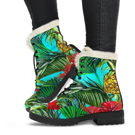 Pineapple Hibiscus Hawaiian Hippie Faux Fur Leather Boots - 1