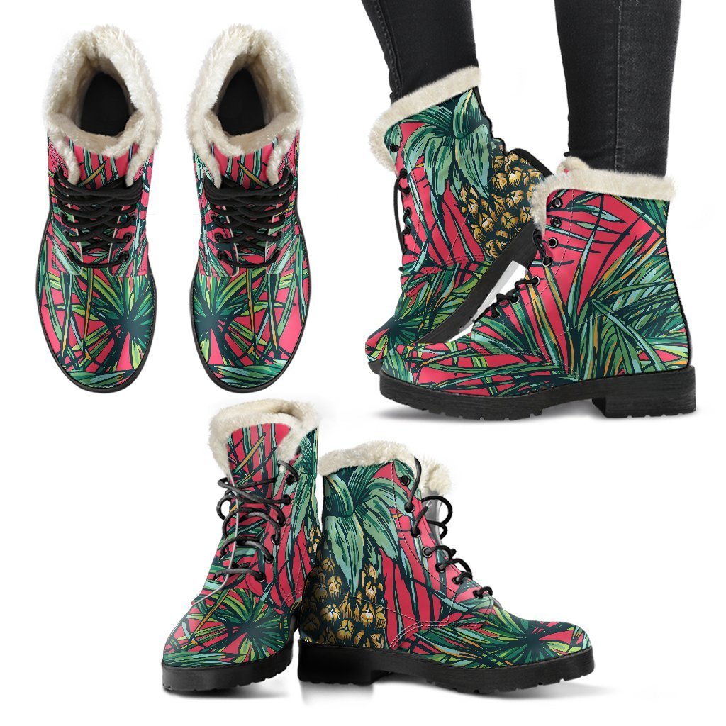 Pineapple Leaves Hawaii Pattern Print Faux Fur Leather Boots: Embrace Your Inner Hippie Style - 2