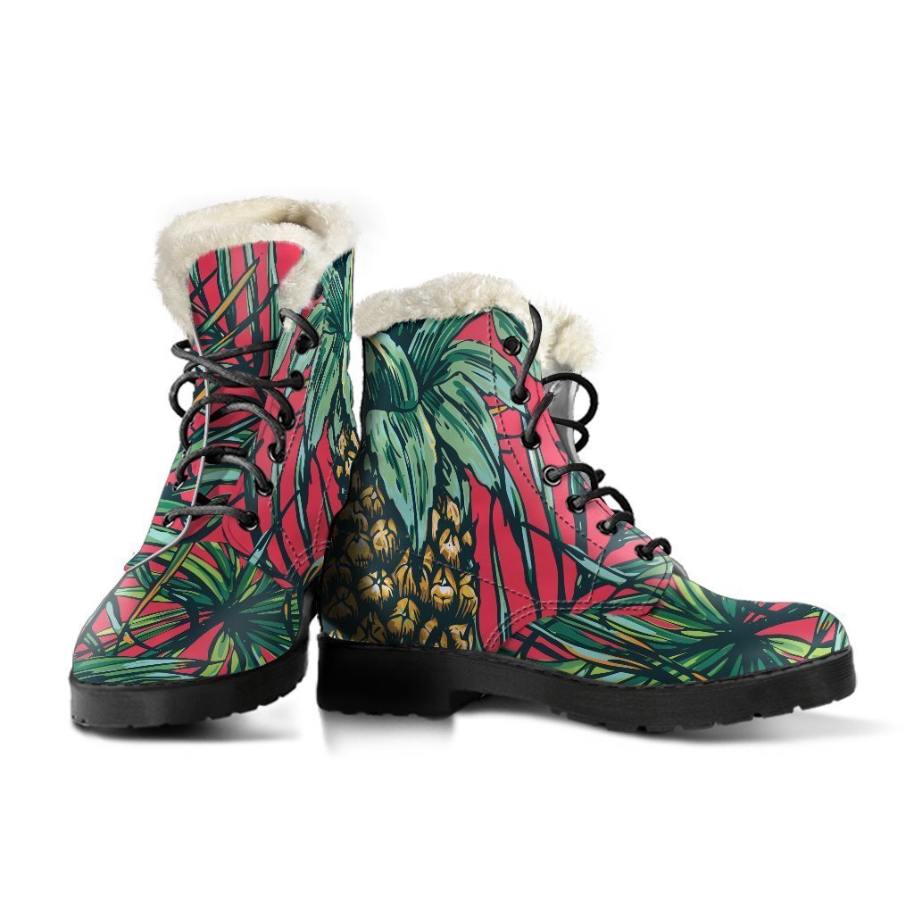 Pineapple Leaves Hawaii Pattern Print Faux Fur Leather Boots: Embrace Your Inner Hippie Style - 3