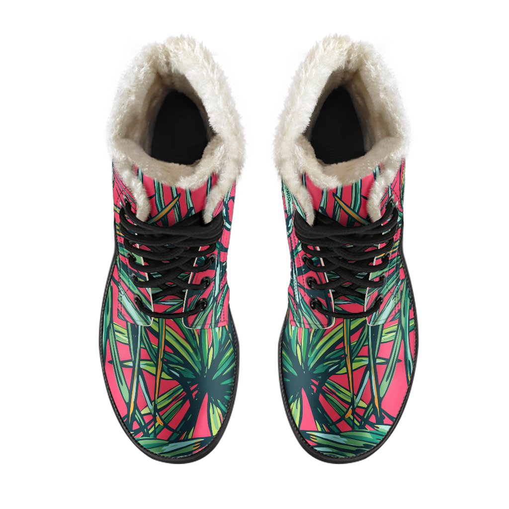 Pineapple Leaves Hawaii Pattern Print Faux Fur Leather Boots: Embrace Your Inner Hippie Style - 4