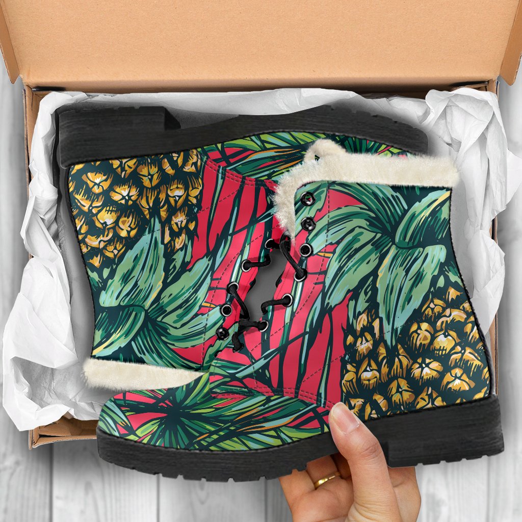 Pineapple Leaves Hawaii Pattern Print Faux Fur Leather Boots: Embrace Your Inner Hippie Style - 5