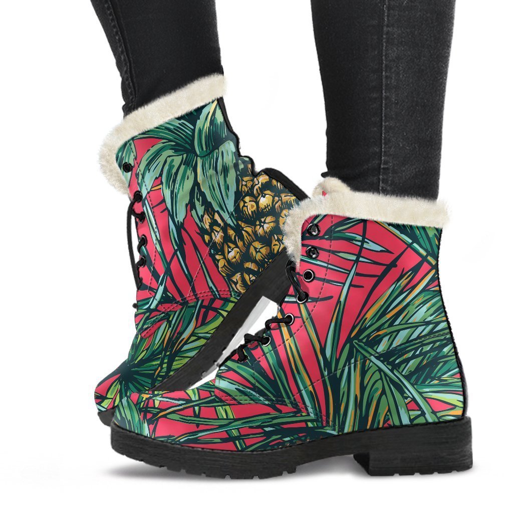 Pineapple Leaves Hawaii Pattern Print Faux Fur Leather Boots: Embrace Your Inner Hippie Style - 1