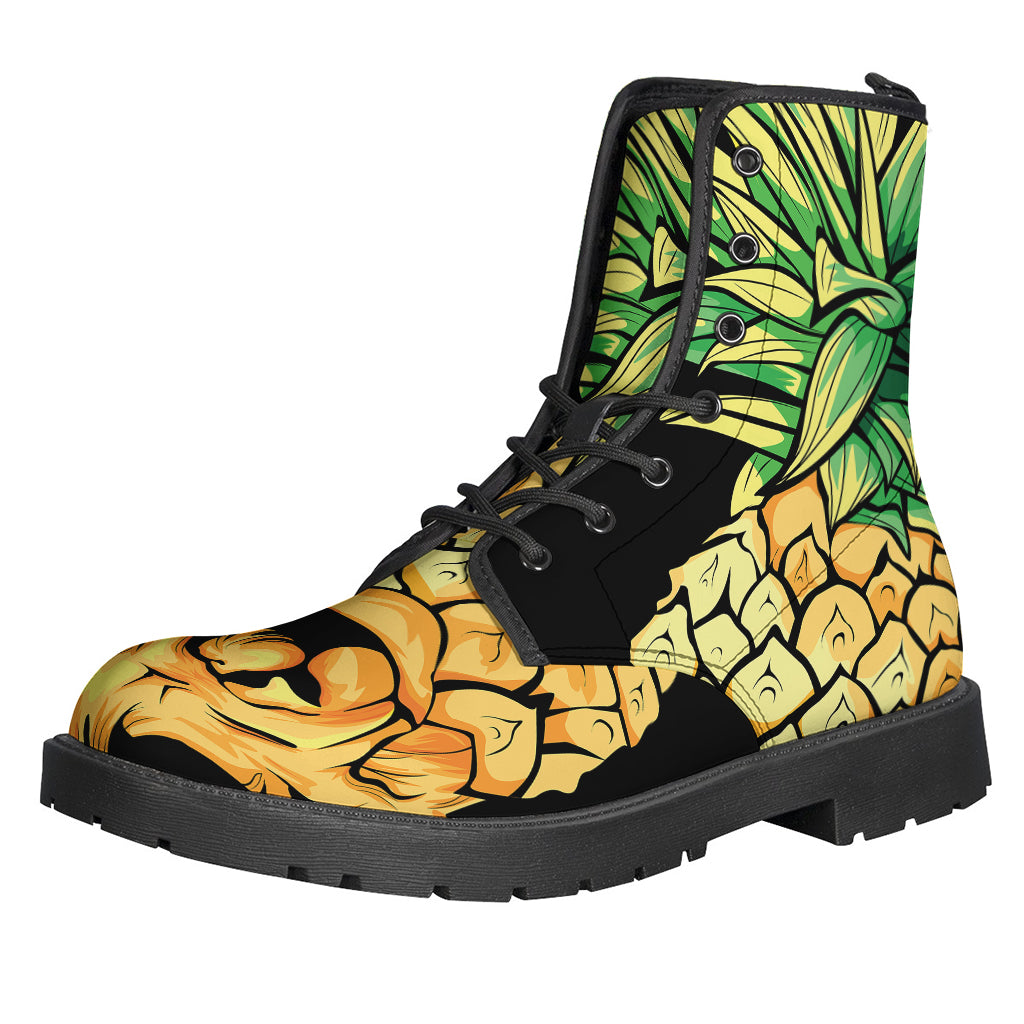 Pineapple Skull Print Leather Boots for Groovy Hippies - 1