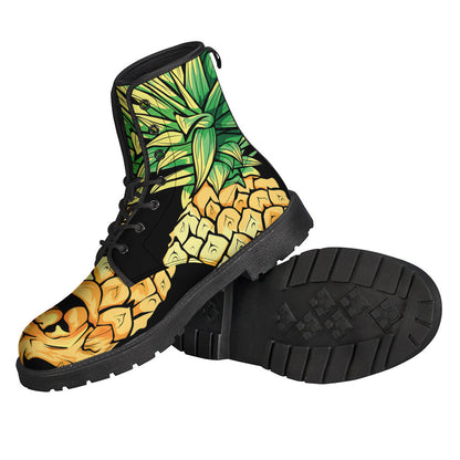 Pineapple Skull Print Leather Boots for Groovy Hippies - 2