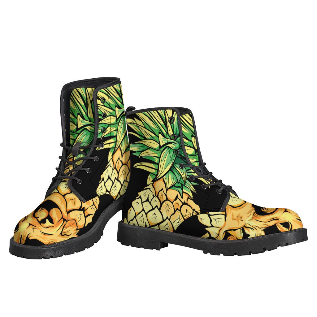 Pineapple Skull Print Leather Boots for Groovy Hippies - 3