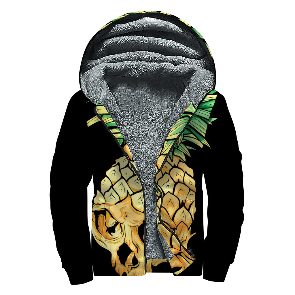 Pineapple Skull Print Sherpa Lined Zip Up Hoodie: Embrace Your Inner Hippie Vibe - 1