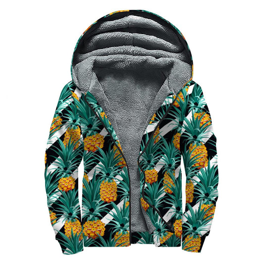 Pineapple Striped Pattern Print Sherpa Lined Zip Up Hoodie for Fashionable Hippies - 1