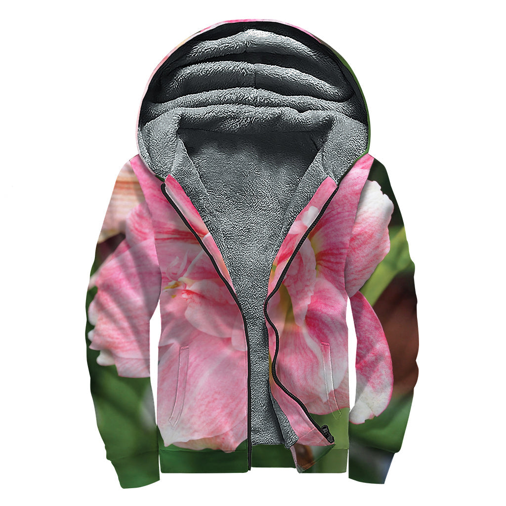 Pink Amaryllis Print Sherpa Lined Zip Up Hoodie for Free-Spirited Hippies - 1