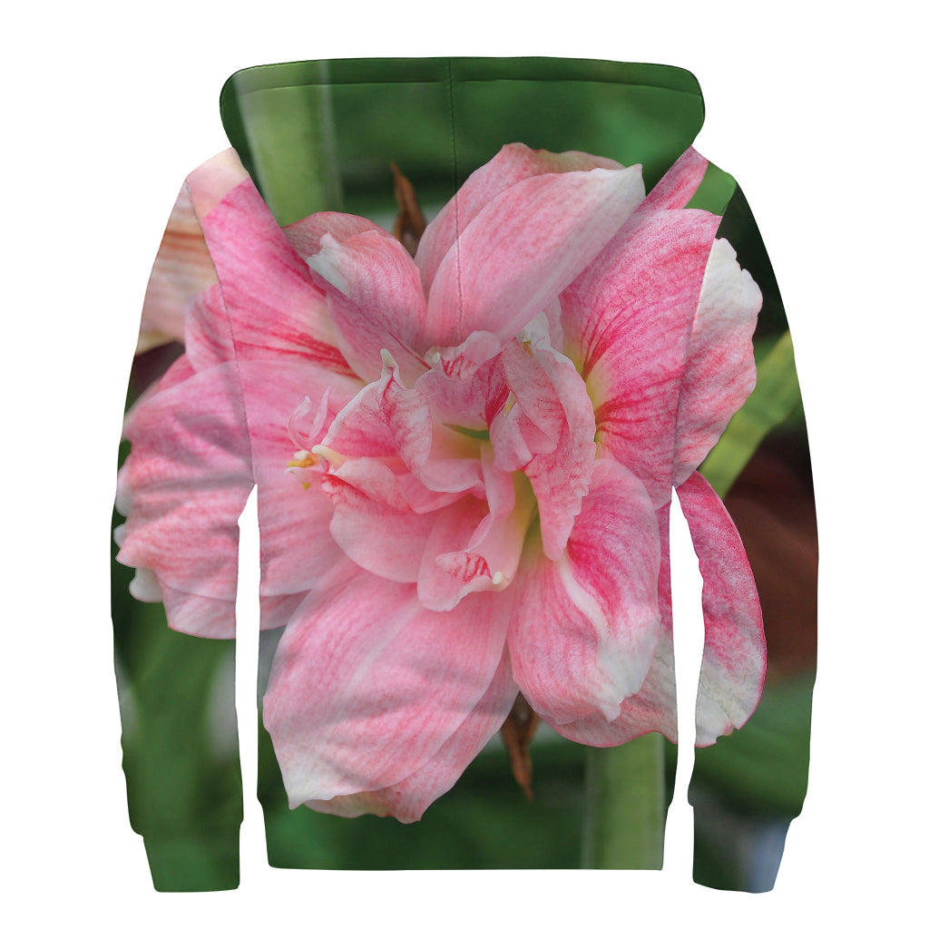 Pink Amaryllis Print Sherpa Lined Zip Up Hoodie for Free-Spirited Hippies - 2