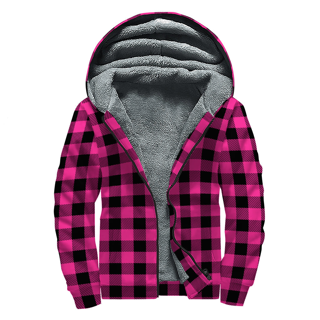 Groovy Threads: Pink and Black Buffalo Plaid Sherpa Lined Zip Up Hoodie for Hippies - 1