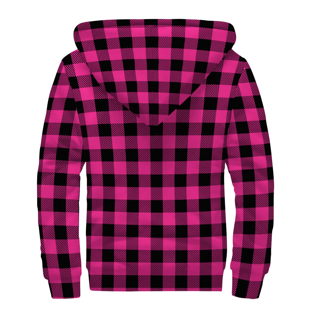 Groovy Threads: Pink and Black Buffalo Plaid Sherpa Lined Zip Up Hoodie for Hippies - 2