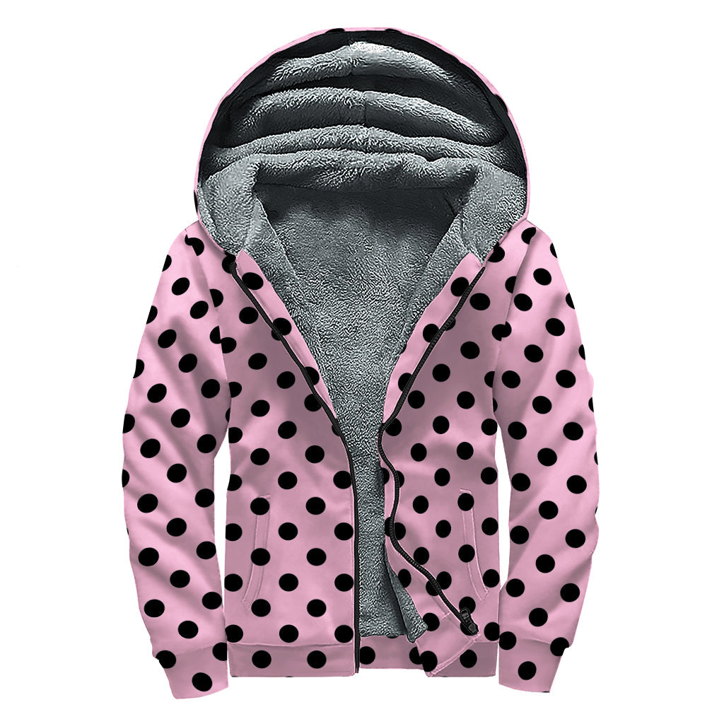 Pink and Black Polka Dot Pattern Print Sherpa Lined Zip Up Hoodie for Groovy Hippies - 1