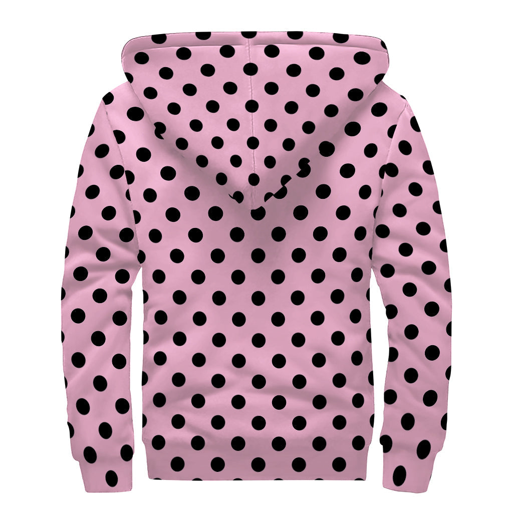 Pink and Black Polka Dot Pattern Print Sherpa Lined Zip Up Hoodie for Groovy Hippies - 2