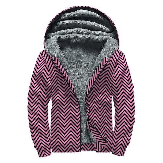 Pink and Black Zigzag Print Sherpa Lined Zip Up Hoodie: Groovy Hippie Style - 1