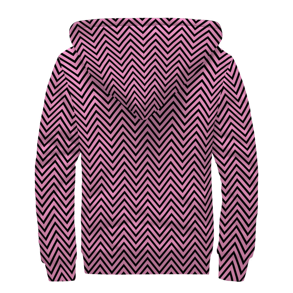 Pink and Black Zigzag Print Sherpa Lined Zip Up Hoodie: Groovy Hippie Style - 2