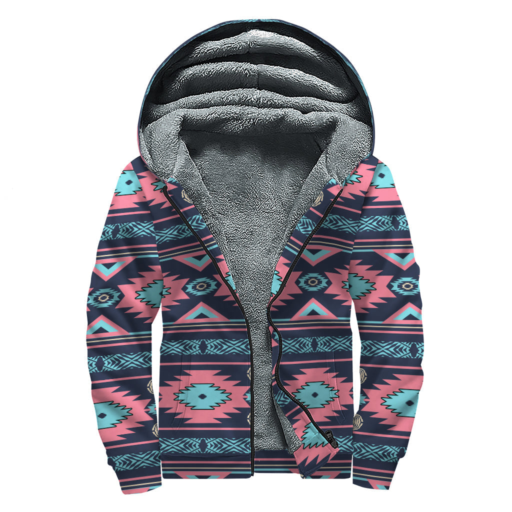 Groovy Pink and Blue Southwestern Sherpa Hoodie for Free-Spirited Hippies - 1