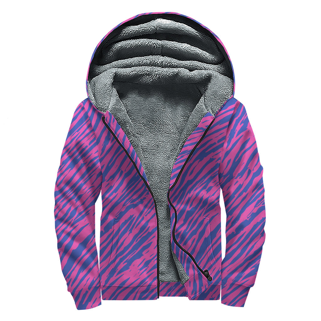 Groovy Pink and Blue Zebra Stripes Print Sherpa Lined Zip Up Hoodie for Modern Hippies - 1