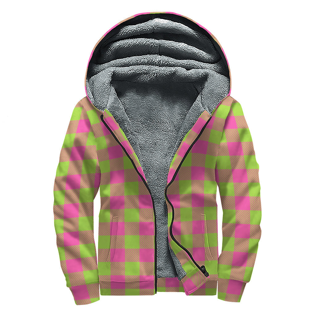 Pink and Green Buffalo Plaid Sherpa-lined Zip Up Hoodie for the Groovy Hippie - 1