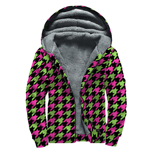 Pink and Green Houndstooth Sherpa: Stay Cozy in Style with this Hippie Zip Up Hoodie - 1