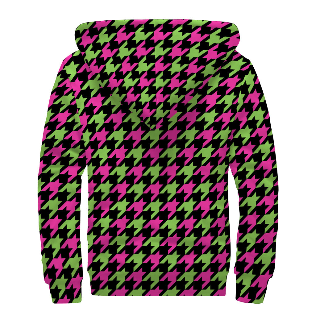 Pink and Green Houndstooth Sherpa: Stay Cozy in Style with this Hippie Zip Up Hoodie - 2