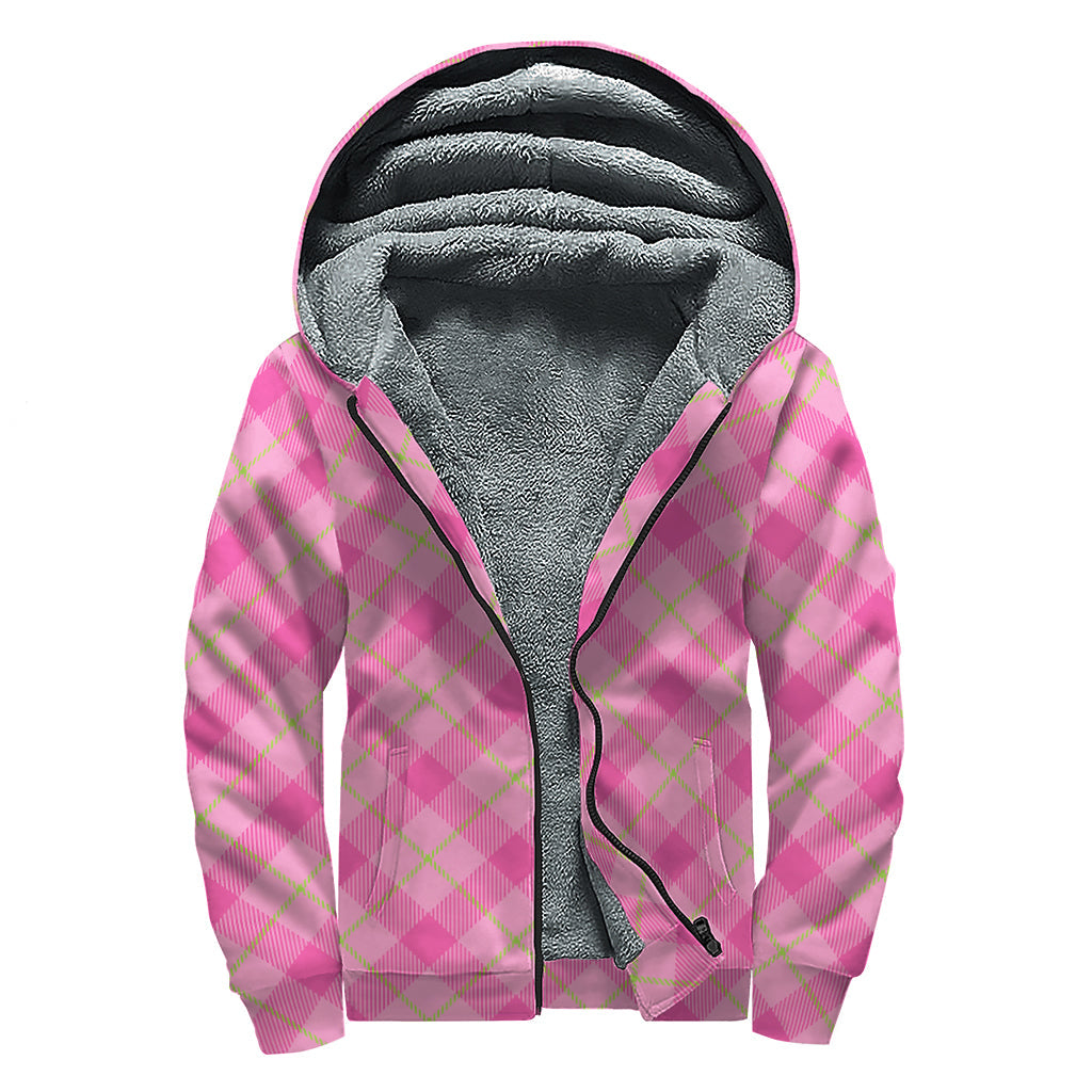 Pink and Green Plaid Pattern Print Sherpa Lined Zip Up Hoodie for Free Spirited Hippies - 1