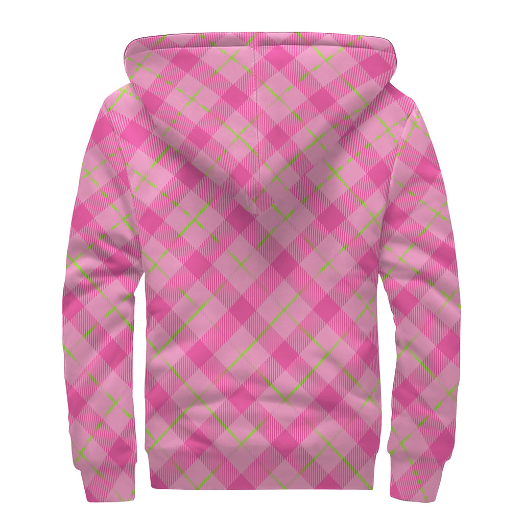 Pink and Green Plaid Pattern Print Sherpa Lined Zip Up Hoodie for Free Spirited Hippies - 2