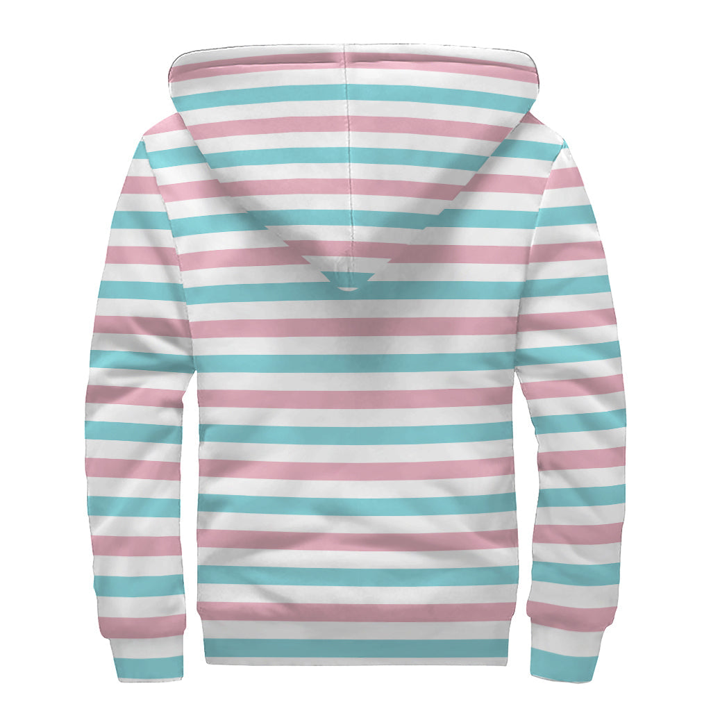 Groovy Vibes: Pink and Teal Striped Sherpa Lined Zip Up Hoodie for Hippie Fashionistas - 2