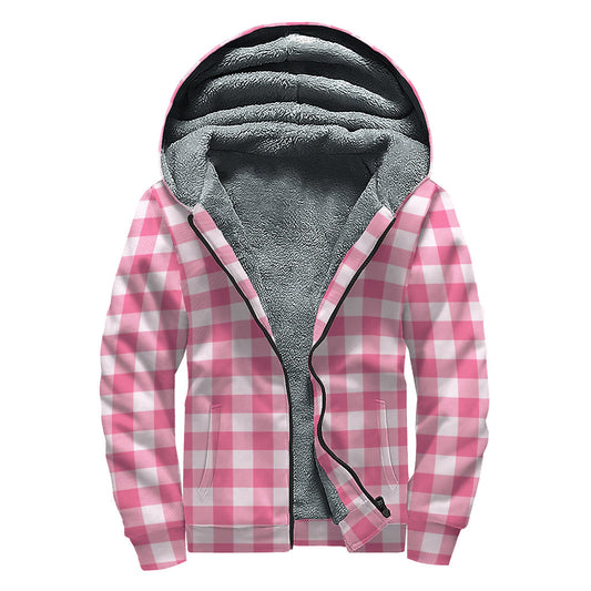 Groovy Pink and White Buffalo Check Sherpa Lined Zip Up Hoodie for Free Spirited Hippies - 1