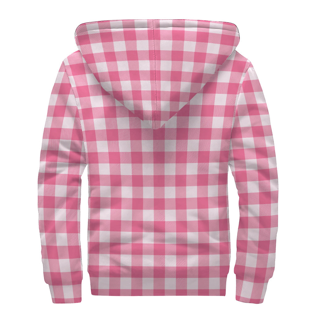 Groovy Pink and White Buffalo Check Sherpa Lined Zip Up Hoodie for Free Spirited Hippies - 2