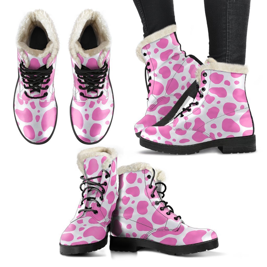 Pink and White Cow Print Faux Fur Leather Boots for the Groovy Hippie Soul - 2