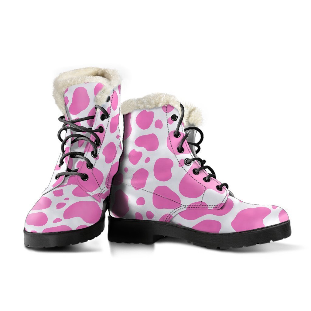 Pink and White Cow Print Faux Fur Leather Boots for the Groovy Hippie Soul - 3