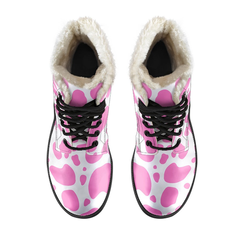 Pink and White Cow Print Faux Fur Leather Boots for the Groovy Hippie Soul - 4