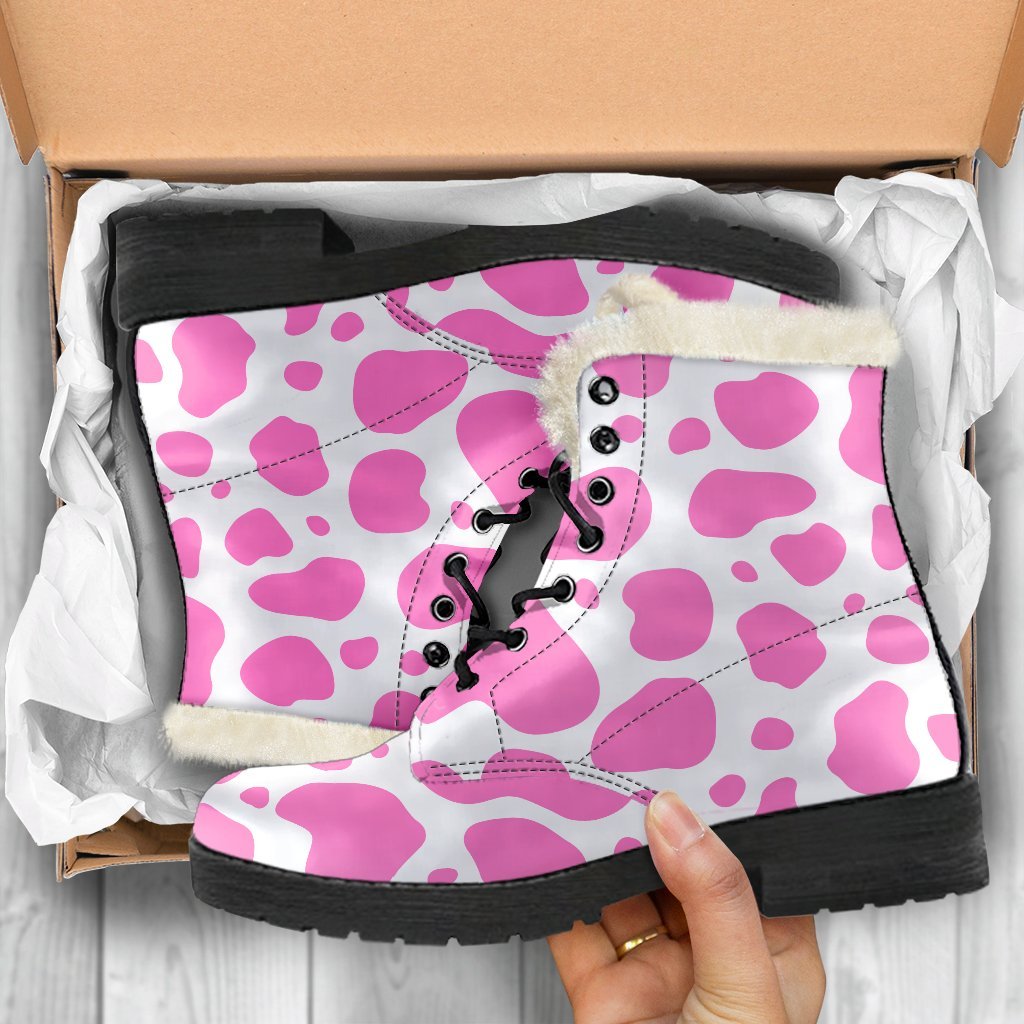 Pink and White Cow Print Faux Fur Leather Boots for the Groovy Hippie Soul - 5