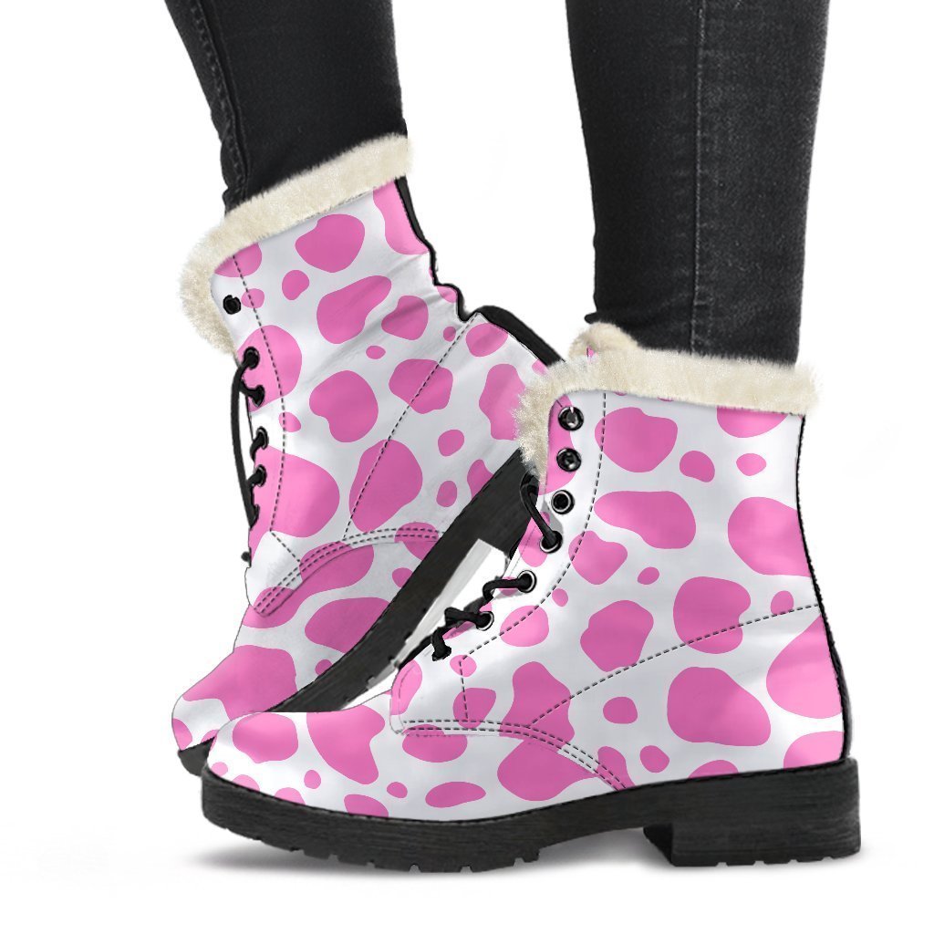 Pink and White Cow Print Faux Fur Leather Boots for the Groovy Hippie Soul - 1