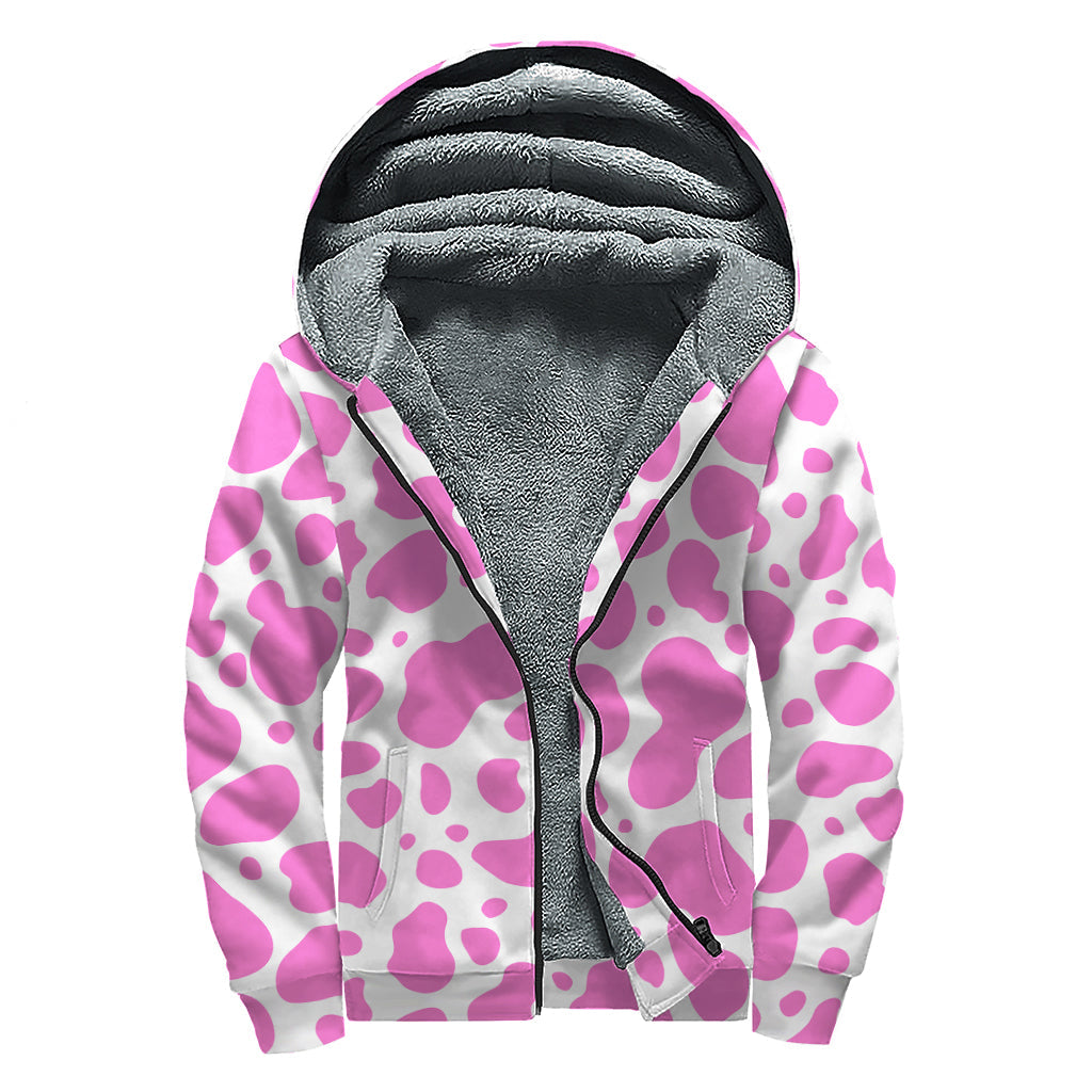 Pink and White Cow Print Sherpa Lined Zip Up Hoodie: Groovy Hippie Style - 1