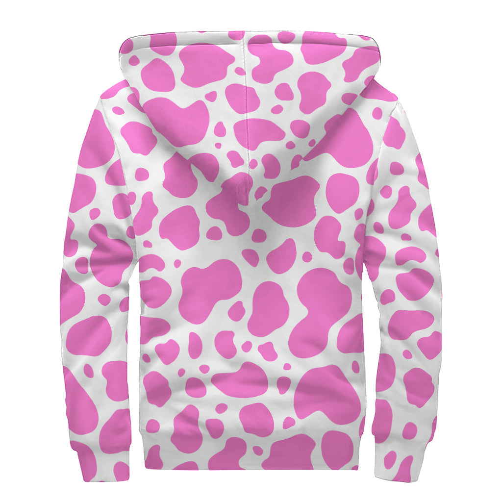 Pink and White Cow Print Sherpa Lined Zip Up Hoodie: Groovy Hippie Style - 2